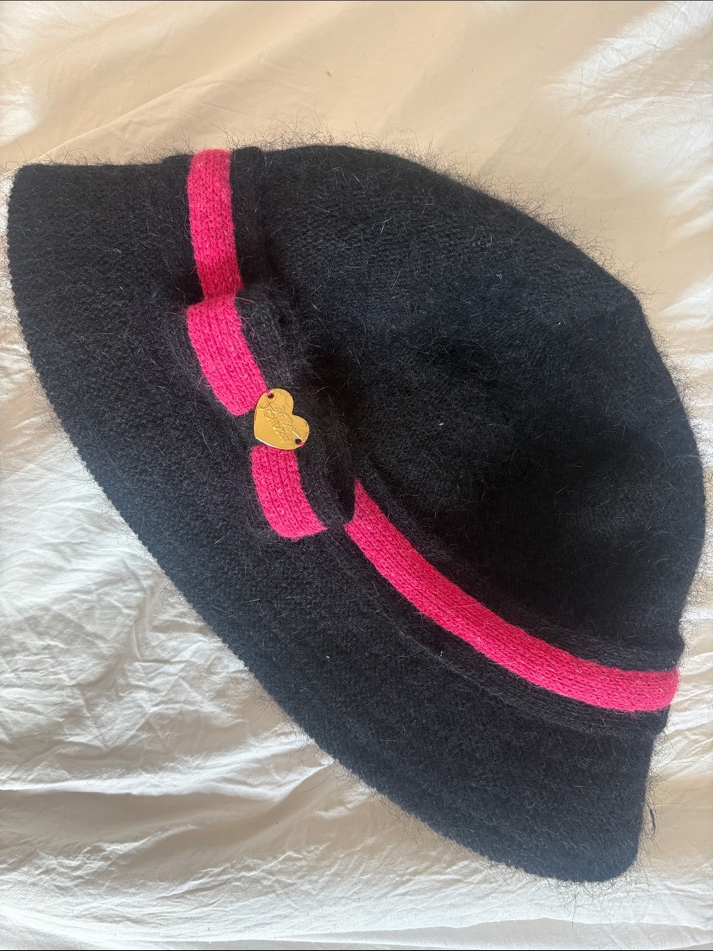 Women’s Betsey Johnson Black Bucket Hat with Pink Trim and Bow Accent